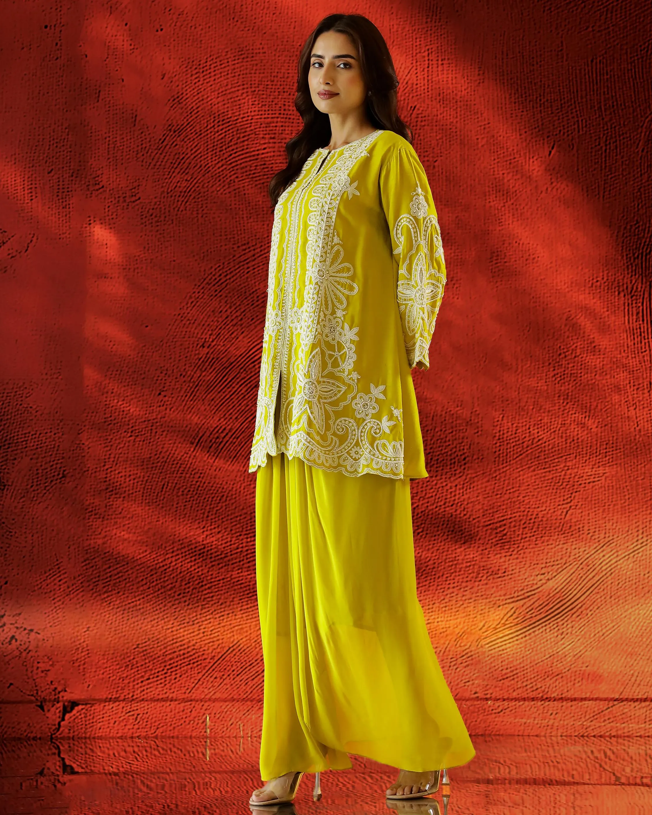 Pear Green Embroidered Raw Silk Kurta Set