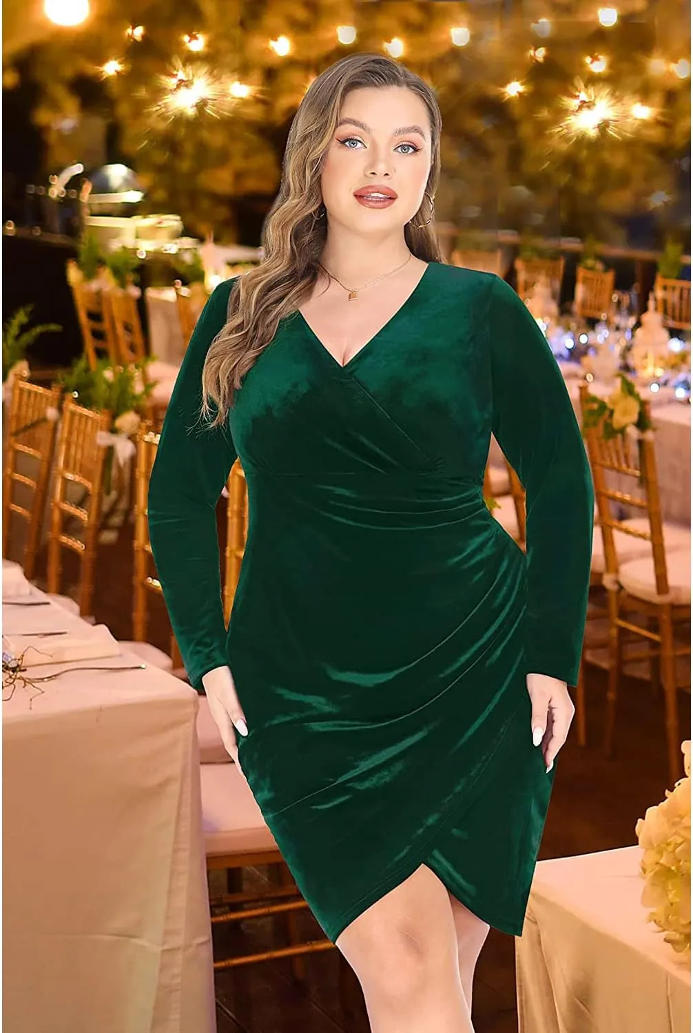 Pinup Fashion Plus Size Velvet Dress Long Sleeve Wrap V Neck Bodycon Sexy Ruched Cocktail Party Mini Dresses Women
