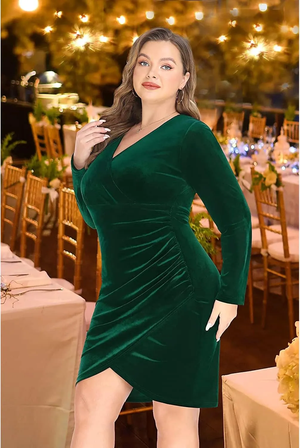 Pinup Fashion Plus Size Velvet Dress Long Sleeve Wrap V Neck Bodycon Sexy Ruched Cocktail Party Mini Dresses Women