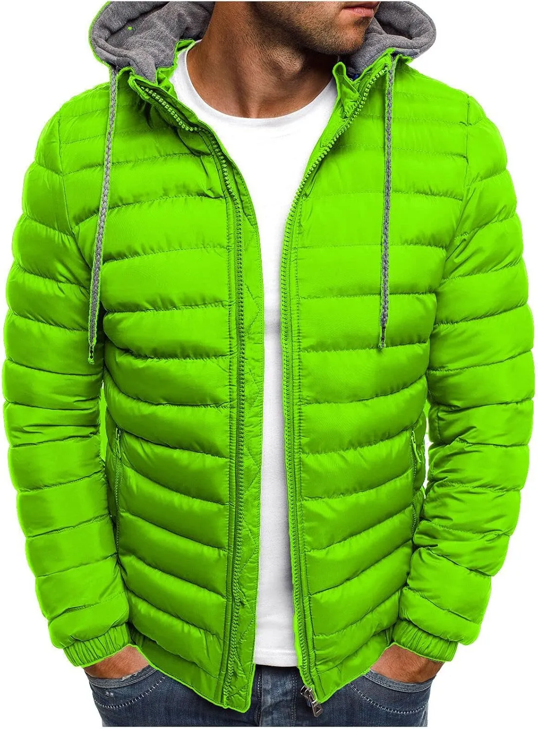 Puffer Jacket Men Fall Winter Thin Quilted Jacket Long Sleeve Padded Coat Casual Zip Up Down Coats Slim Fit Outerwear
