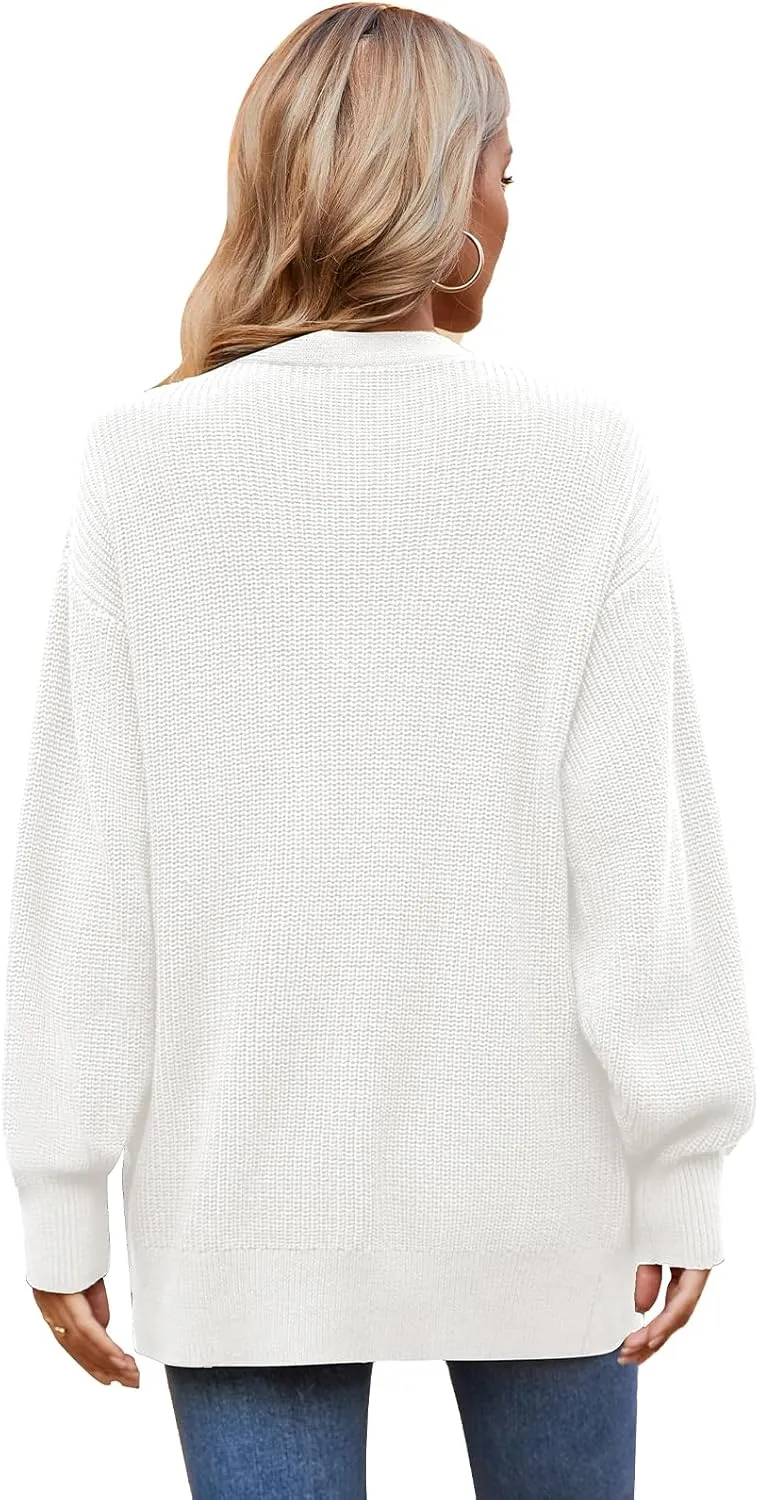 QUALFORT Women's 100% Cotton Cardigans for Women Lantern Sleeve Oversized Sweater with Pockets