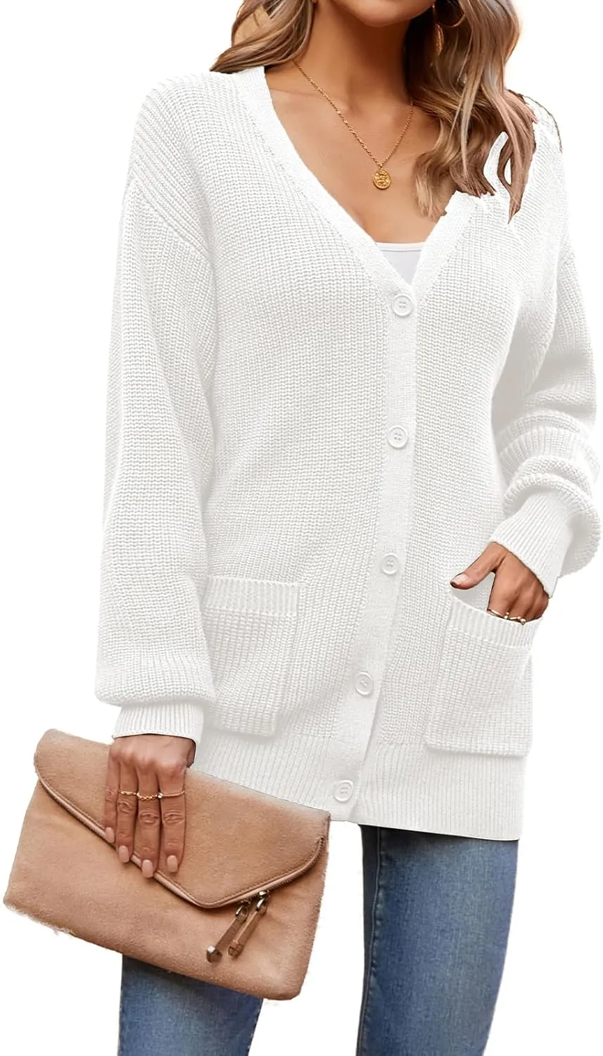 QUALFORT Women's 100% Cotton Cardigans for Women Lantern Sleeve Oversized Sweater with Pockets