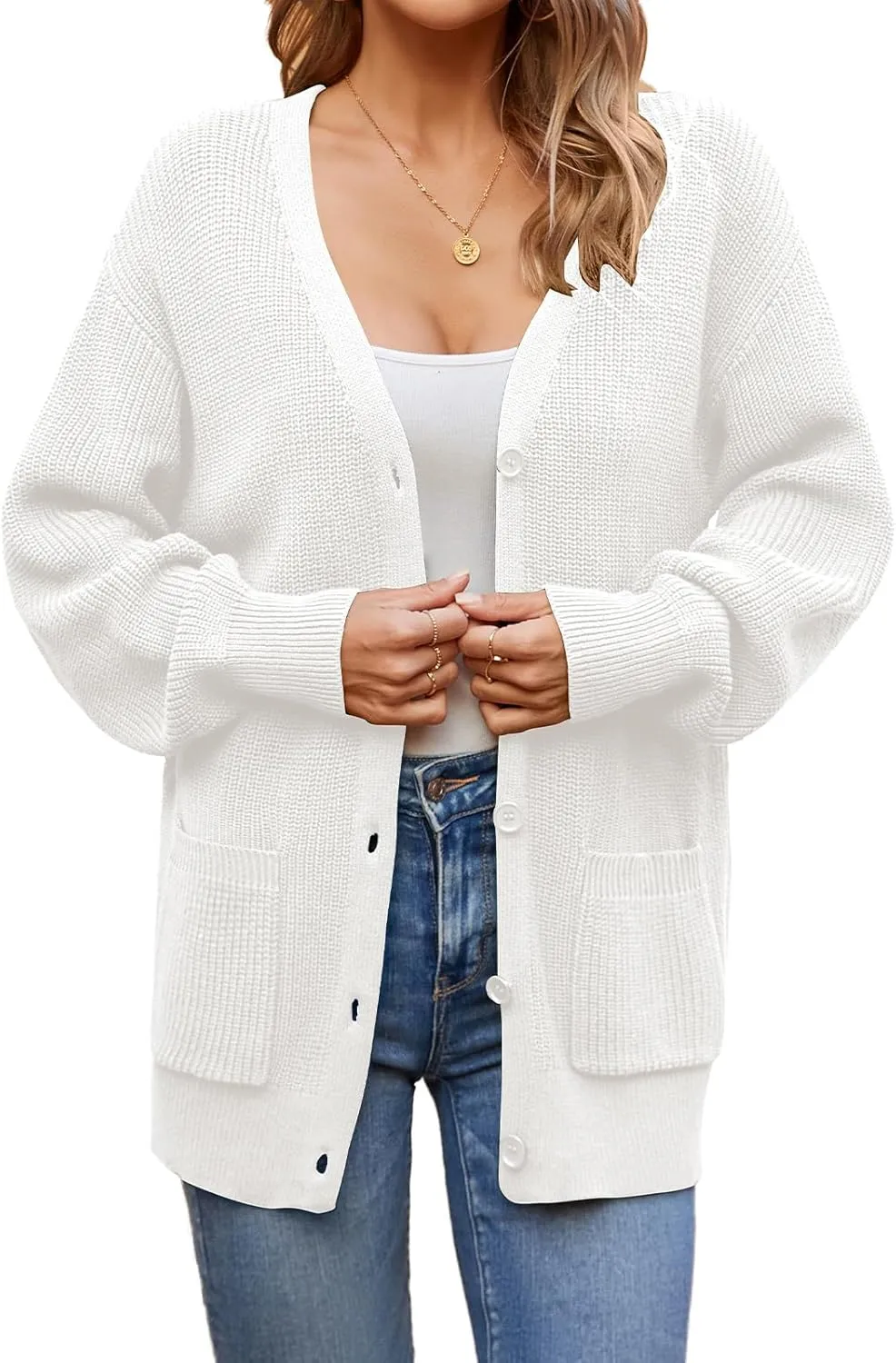 QUALFORT Women's 100% Cotton Cardigans for Women Lantern Sleeve Oversized Sweater with Pockets