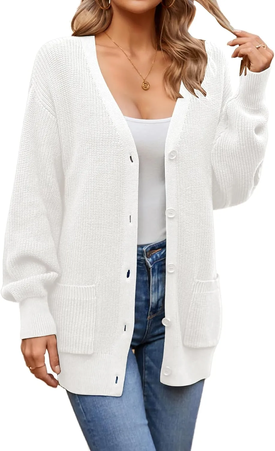 QUALFORT Women's 100% Cotton Cardigans for Women Lantern Sleeve Oversized Sweater with Pockets