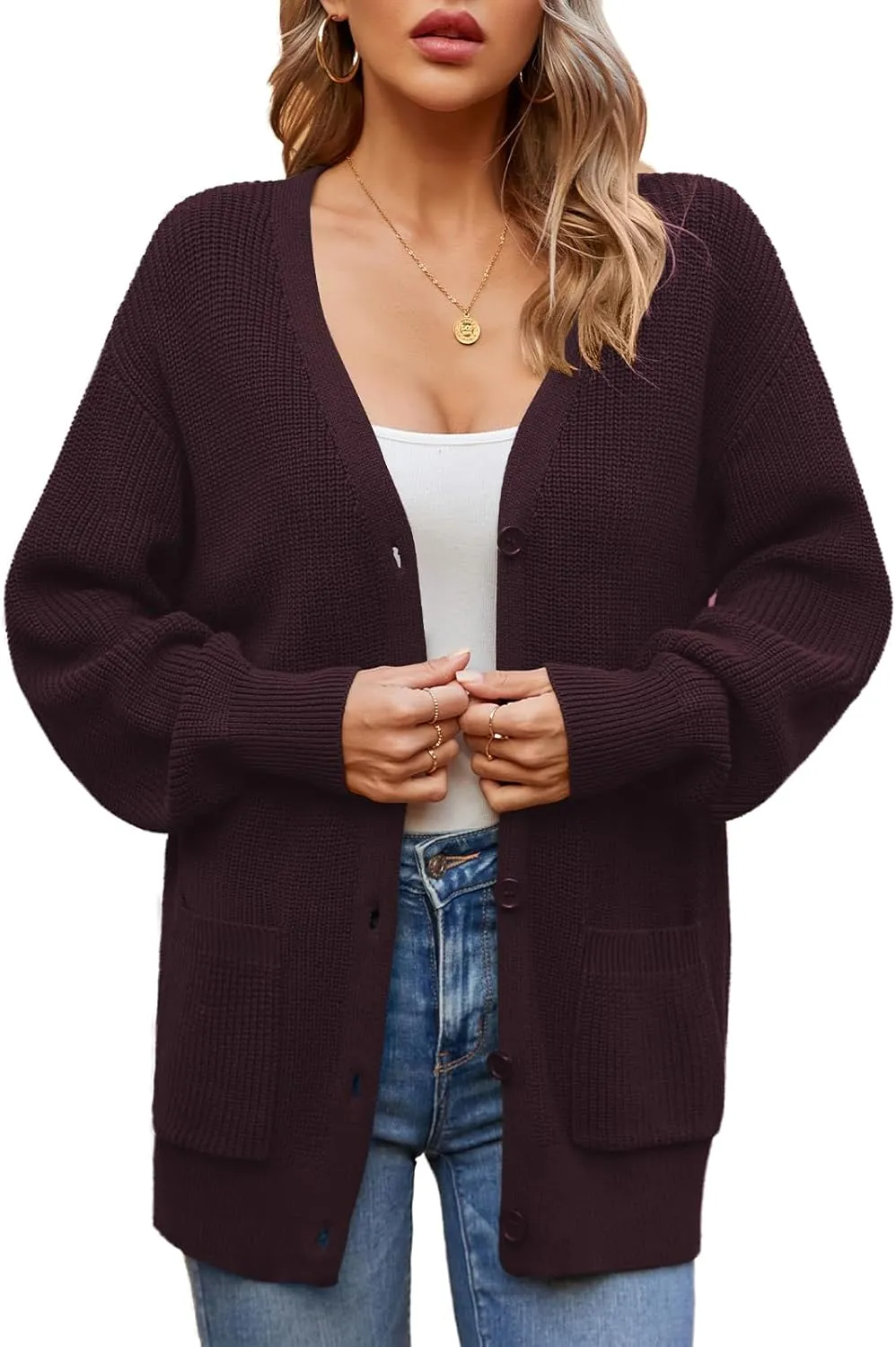QUALFORT Women's 100% Cotton Cardigans for Women Lantern Sleeve Oversized Sweater with Pockets