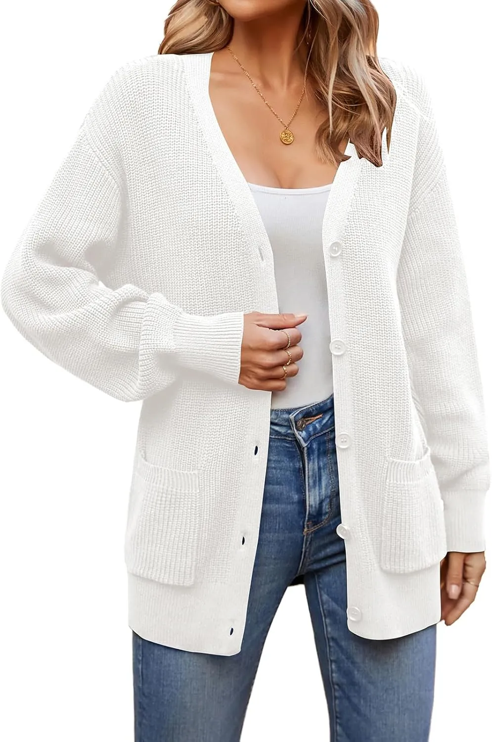 QUALFORT Women's 100% Cotton Cardigans for Women Lantern Sleeve Oversized Sweater with Pockets