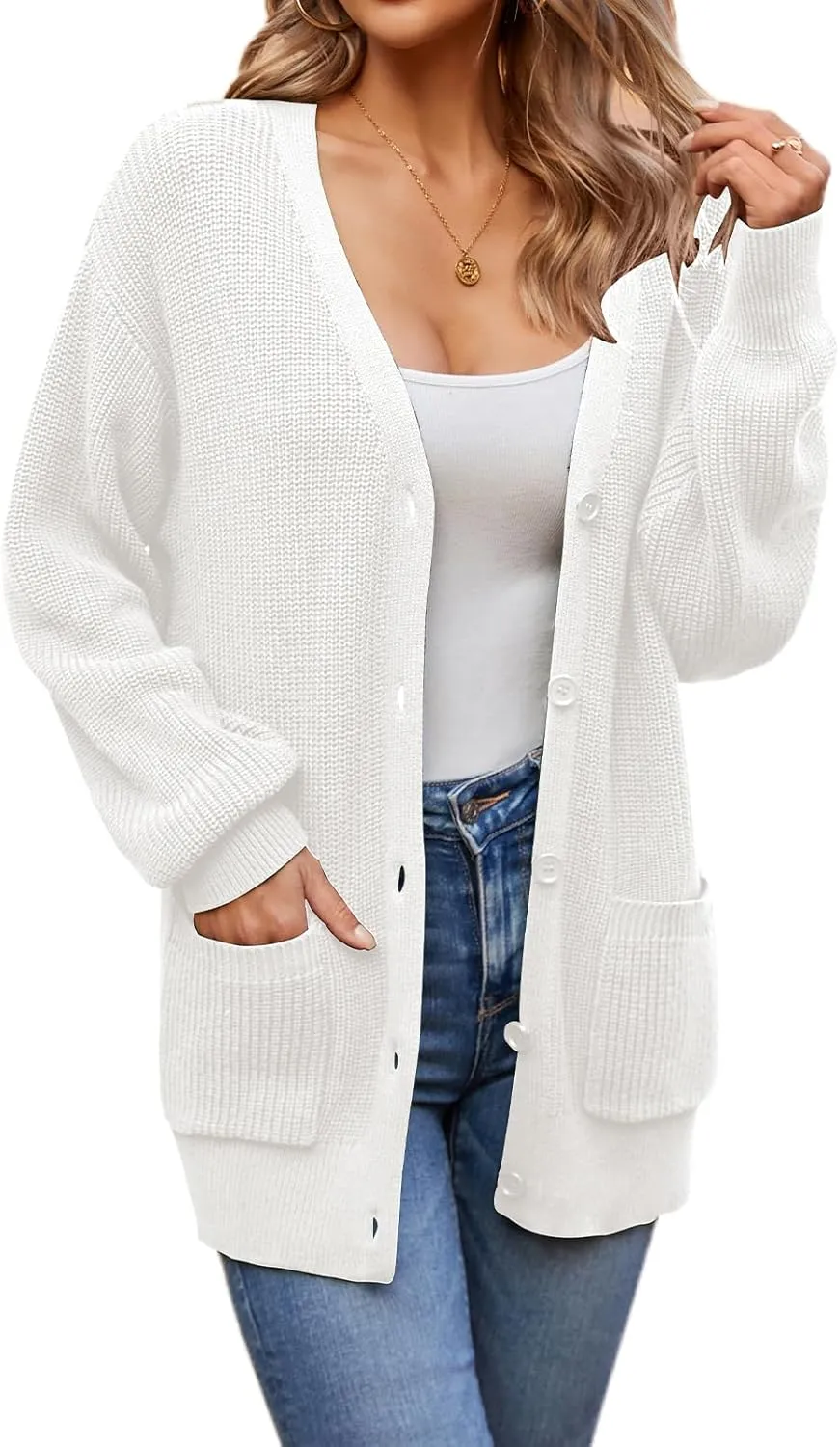 QUALFORT Women's 100% Cotton Cardigans for Women Lantern Sleeve Oversized Sweater with Pockets