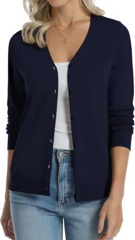 QUALFORT Women's 100% Cotton Lightweight Cardigans Long Sleeve Knitted Button Down Sweater