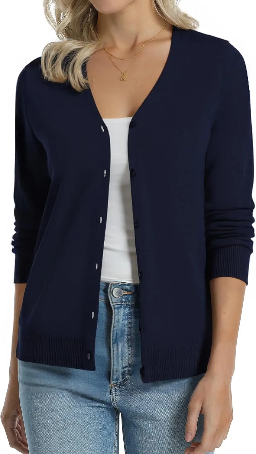QUALFORT Women's 100% Cotton Lightweight Cardigans Long Sleeve Knitted Button Down Sweater