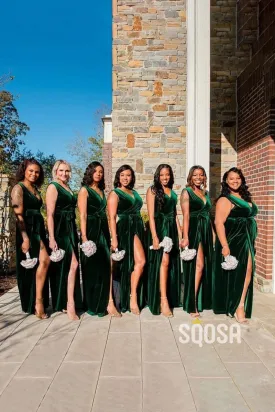 Sexy V-Neck Green Velvet Plus Long Bridesmaid Dress QB3029