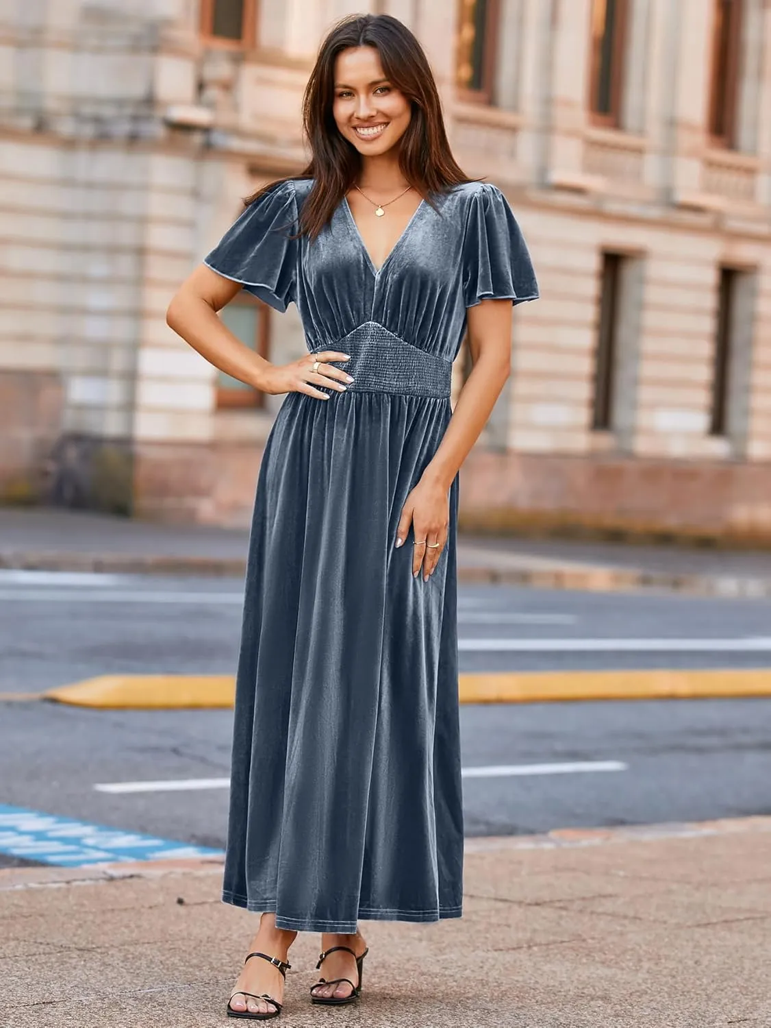 Simplee Women's Short Sleeve Velvet Maxi Dress V Neck Empire Waist Long Formal Wedding Guest Dresses