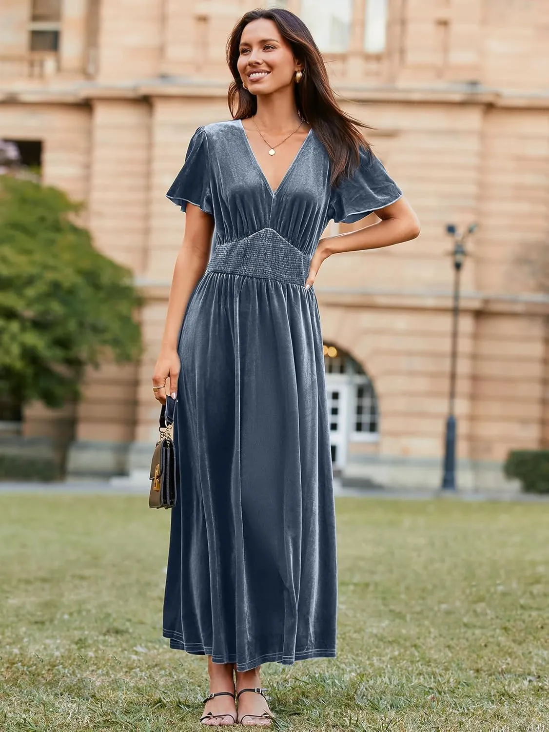 Simplee Women's Short Sleeve Velvet Maxi Dress V Neck Empire Waist Long Formal Wedding Guest Dresses
