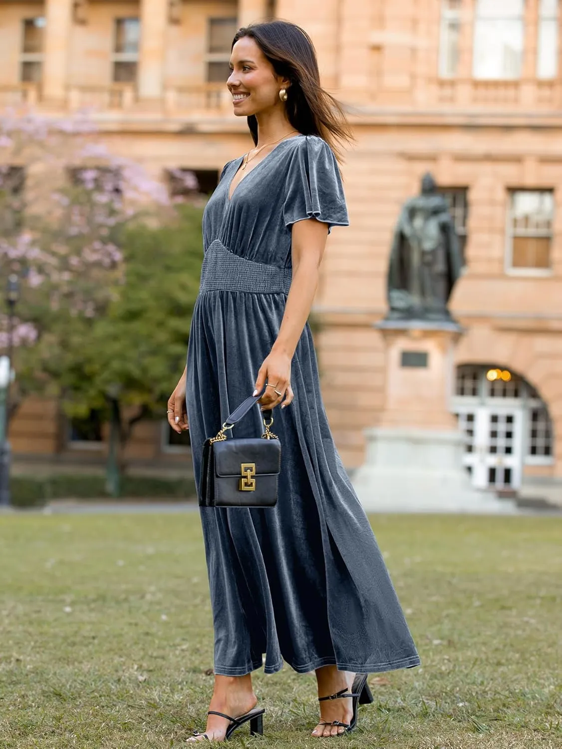 Simplee Women's Short Sleeve Velvet Maxi Dress V Neck Empire Waist Long Formal Wedding Guest Dresses