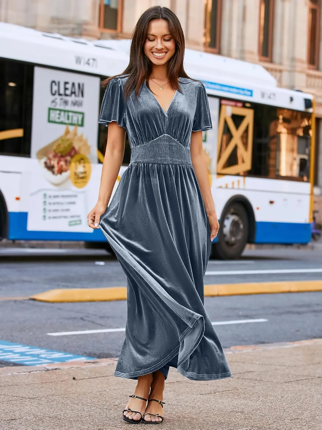 Simplee Women's Short Sleeve Velvet Maxi Dress V Neck Empire Waist Long Formal Wedding Guest Dresses