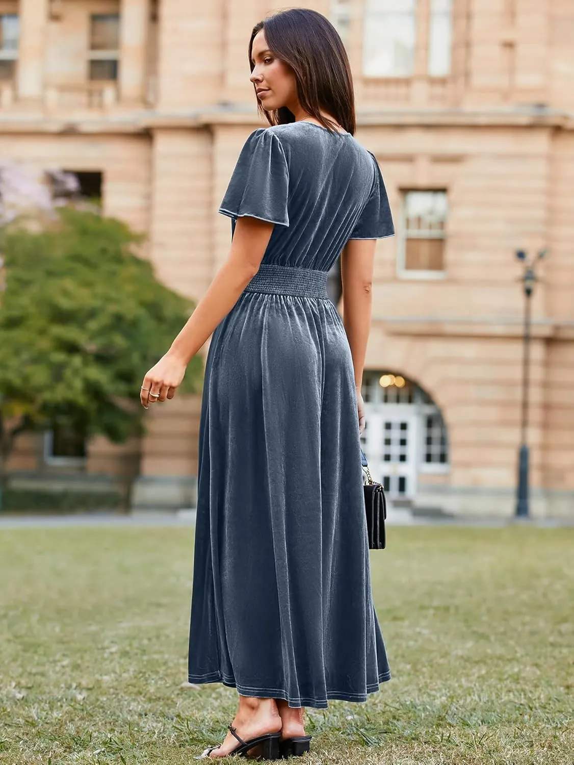 Simplee Women's Short Sleeve Velvet Maxi Dress V Neck Empire Waist Long Formal Wedding Guest Dresses