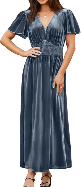 Simplee Women's Short Sleeve Velvet Maxi Dress V Neck Empire Waist Long Formal Wedding Guest Dresses