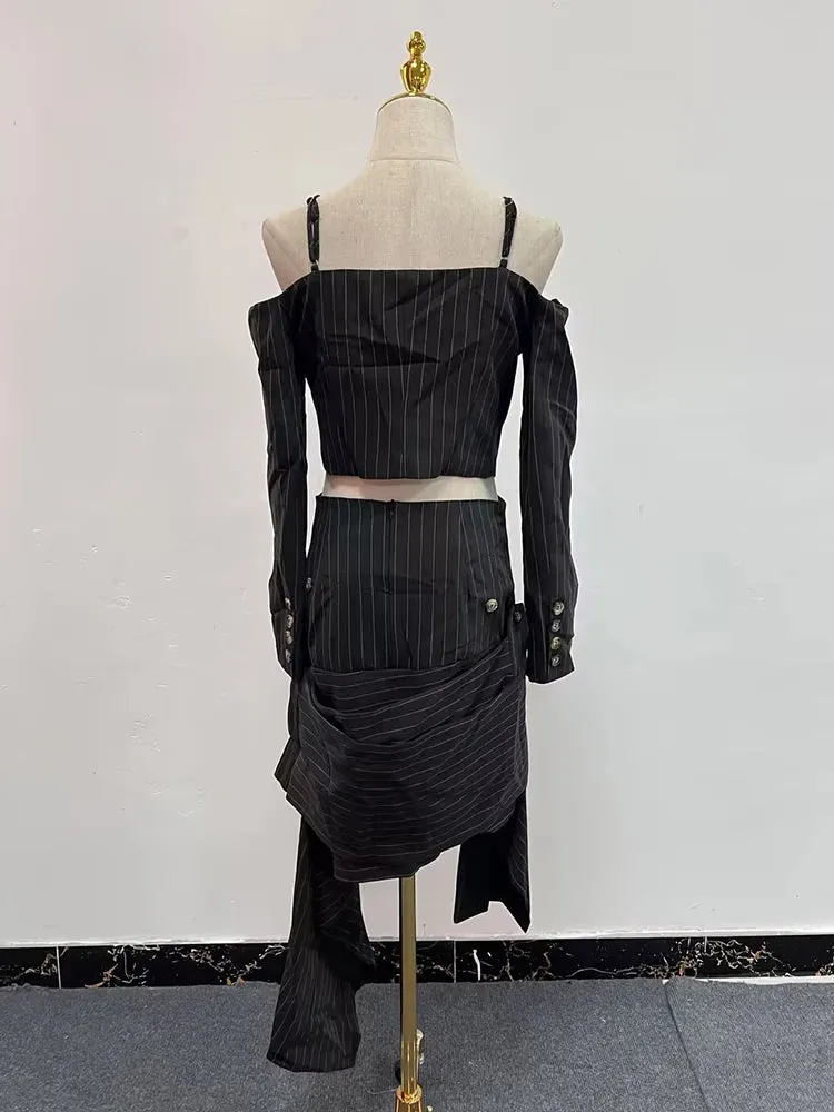 Solid Two Piece Set For Women Slash Neck Off Shoulder Long Sleeve Chic Coat High Waist Skirt Elegant Sets Female