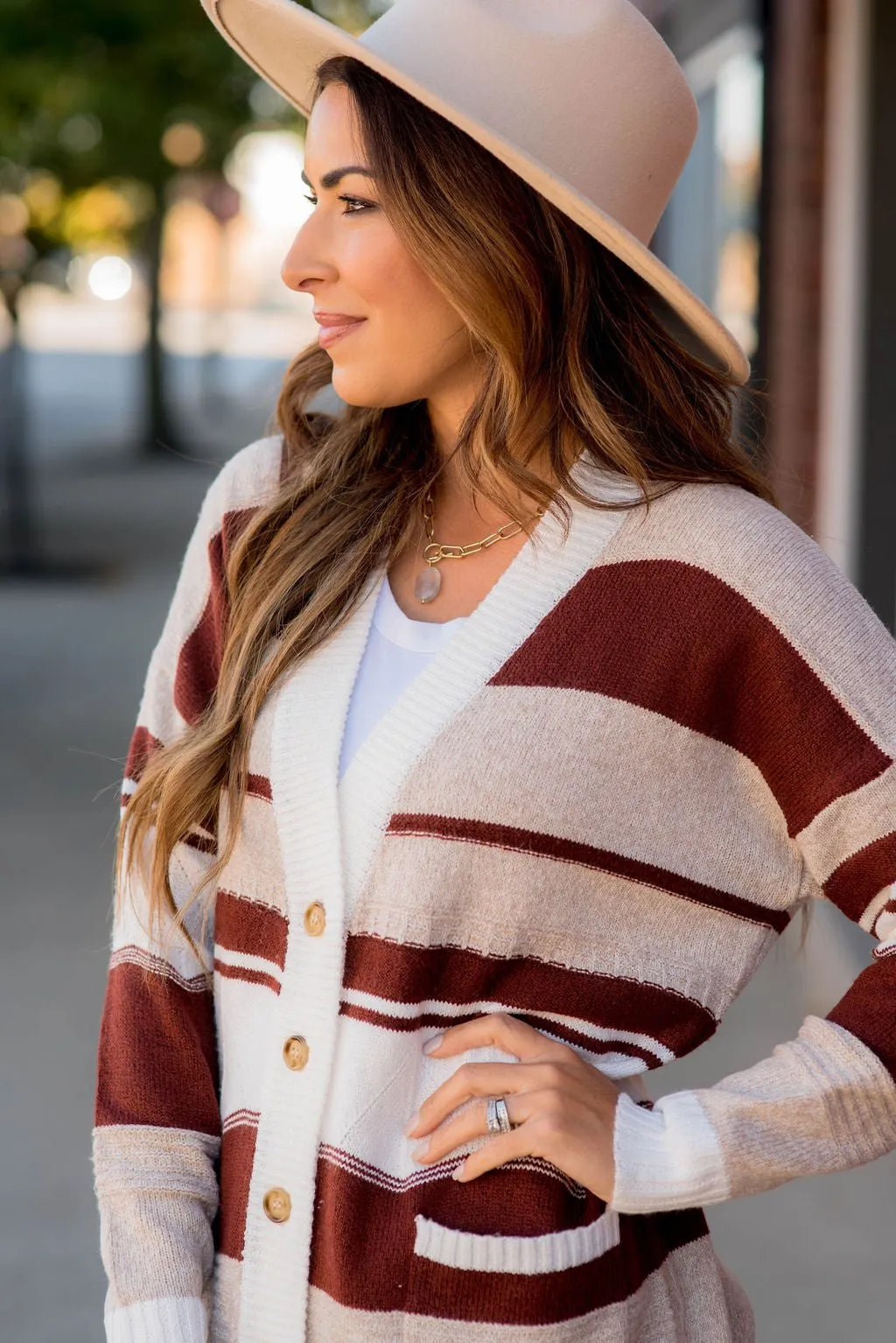 Striped Drop Shoulder Button Cardigan