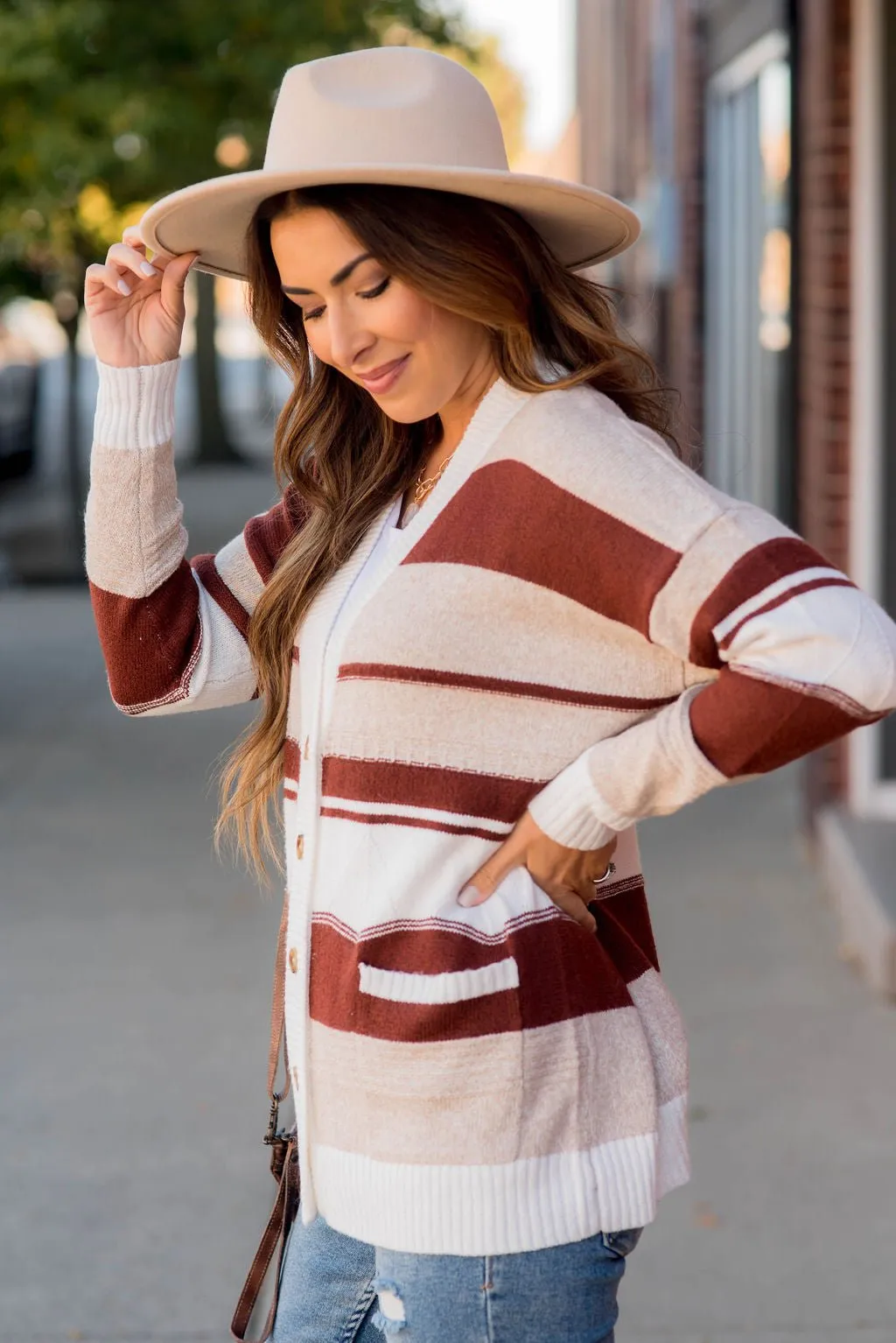 Striped Drop Shoulder Button Cardigan