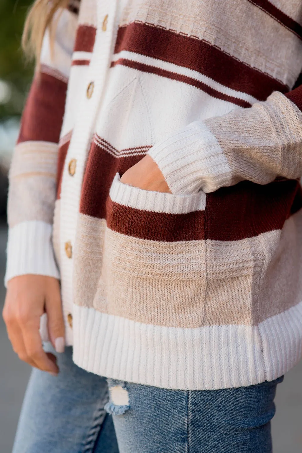 Striped Drop Shoulder Button Cardigan