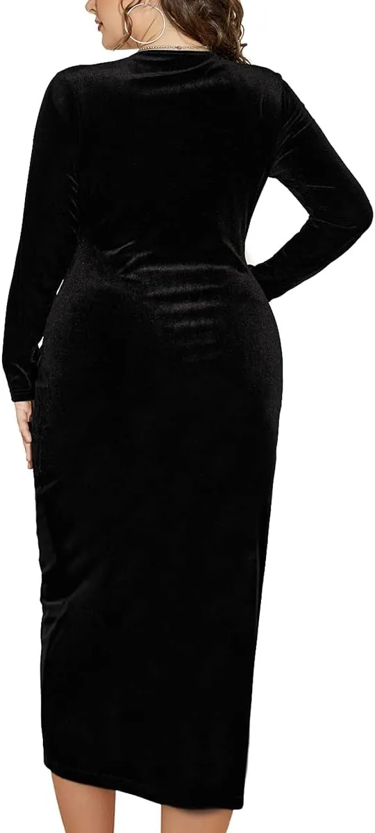 TINSTREE Womens Plus Size Long Sleeve Velvet Bodycon Dresses Sexy Ruched Wrap Deep V Neck Party Cocktail Dress