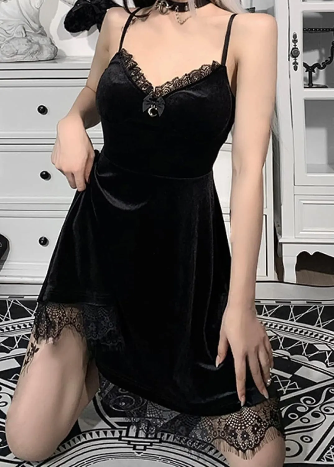 TSMNZMU Womens Gothic Lolita Dress Velvet Moon Camisole Dresses Sleeveless Punk Grunge Emo Dress Goth Alt Witchy Fairy Dress