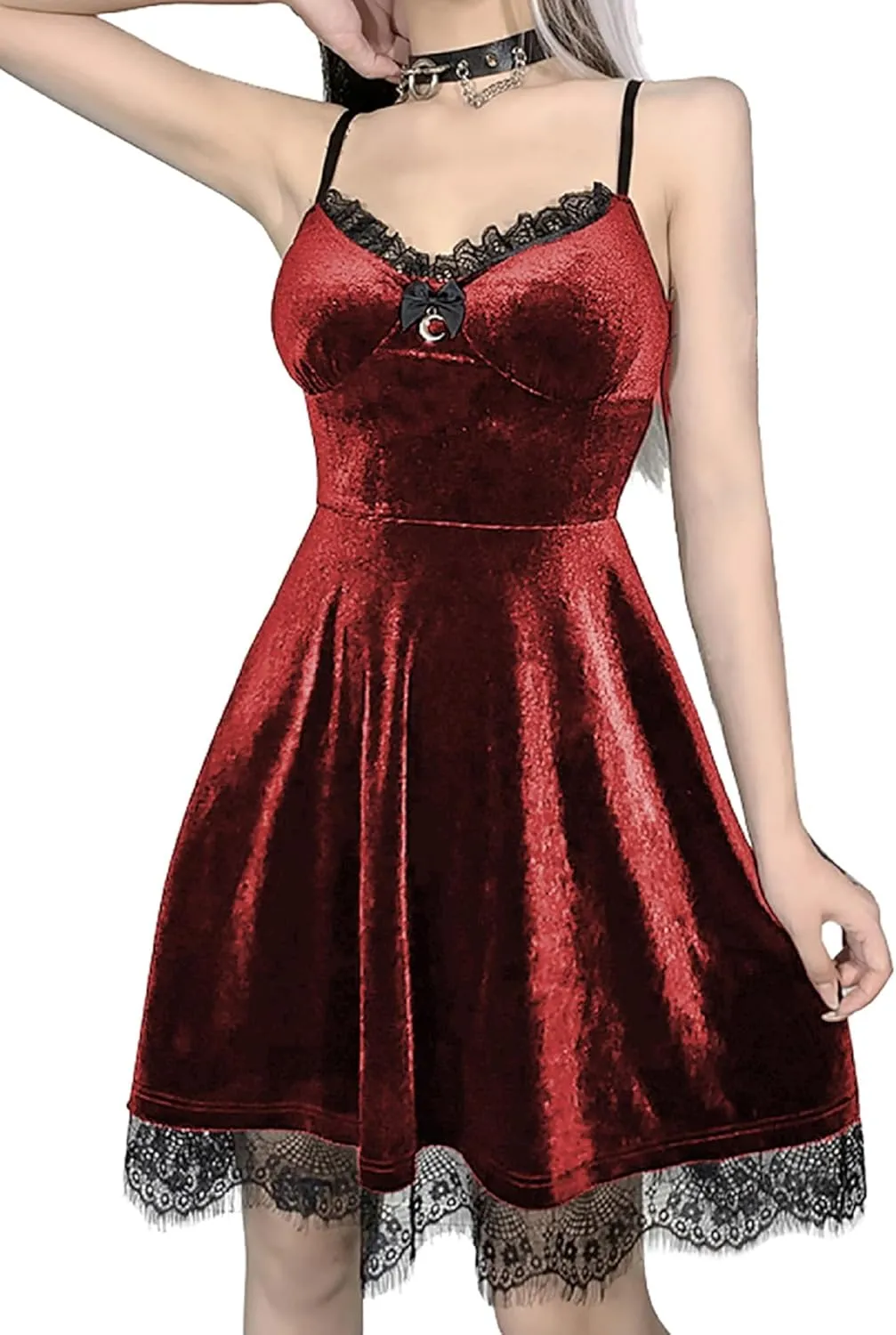 TSMNZMU Womens Gothic Lolita Dress Velvet Moon Camisole Dresses Sleeveless Punk Grunge Emo Dress Goth Alt Witchy Fairy Dress