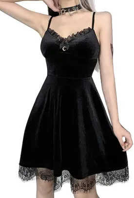 TSMNZMU Womens Gothic Lolita Dress Velvet Moon Camisole Dresses Sleeveless Punk Grunge Emo Dress Goth Alt Witchy Fairy Dress