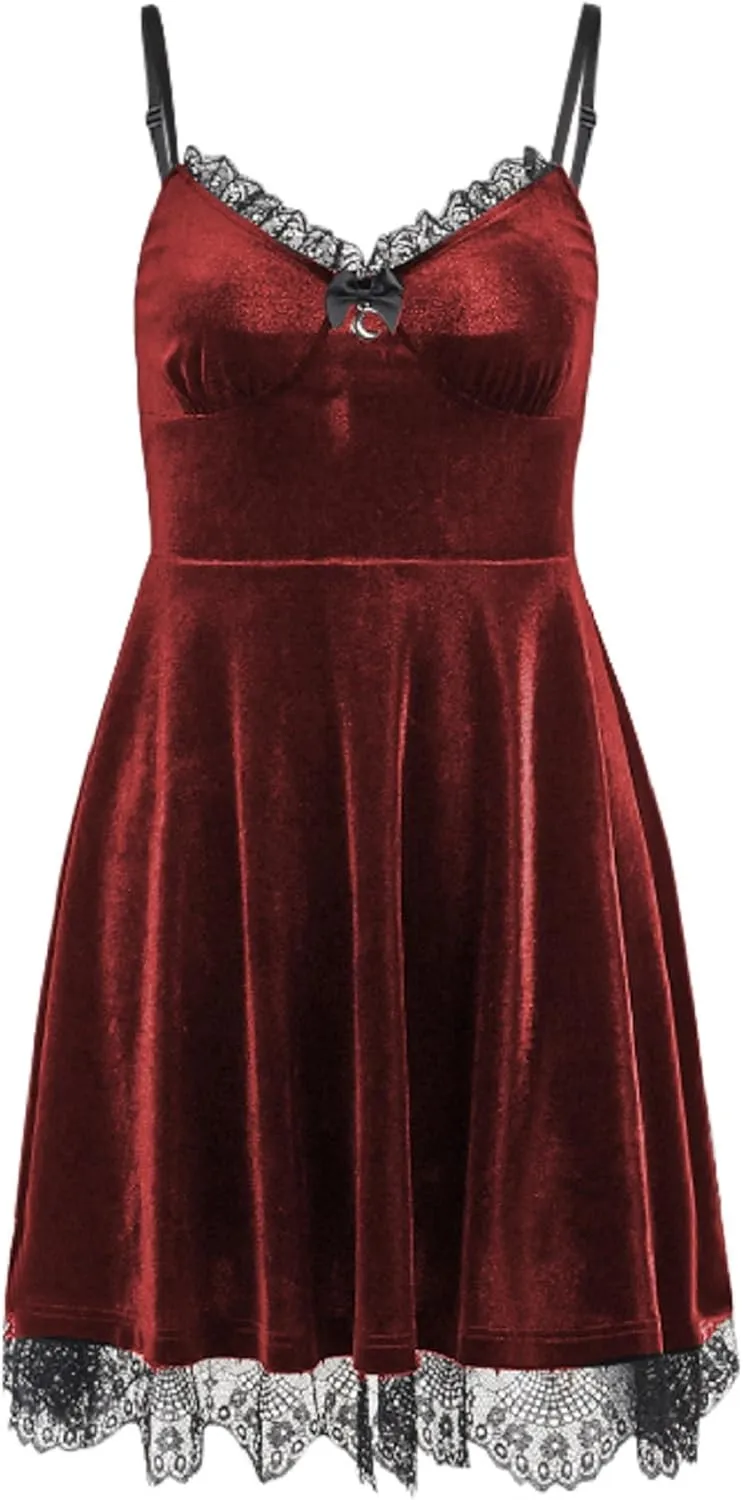 TSMNZMU Womens Gothic Lolita Dress Velvet Moon Camisole Dresses Sleeveless Punk Grunge Emo Dress Goth Alt Witchy Fairy Dress