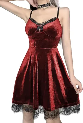 TSMNZMU Womens Gothic Lolita Dress Velvet Moon Camisole Dresses Sleeveless Punk Grunge Emo Dress Goth Alt Witchy Fairy Dress