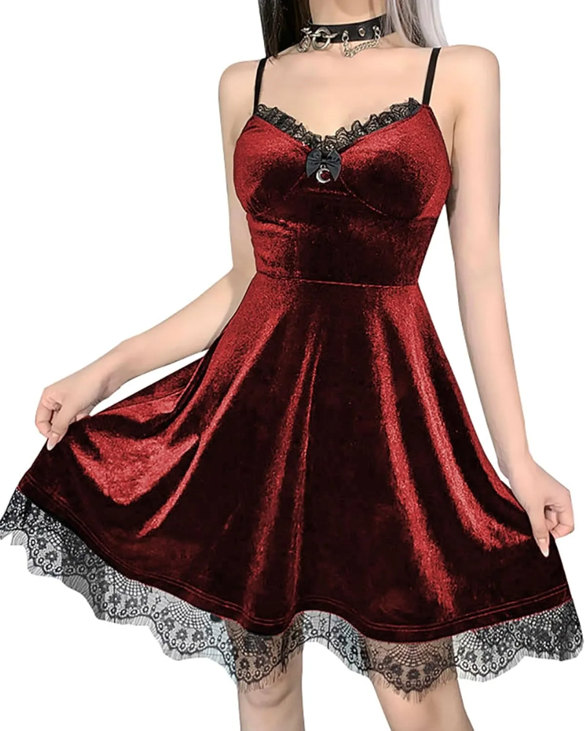 TSMNZMU Womens Gothic Lolita Dress Velvet Moon Camisole Dresses Sleeveless Punk Grunge Emo Dress Goth Alt Witchy Fairy Dress