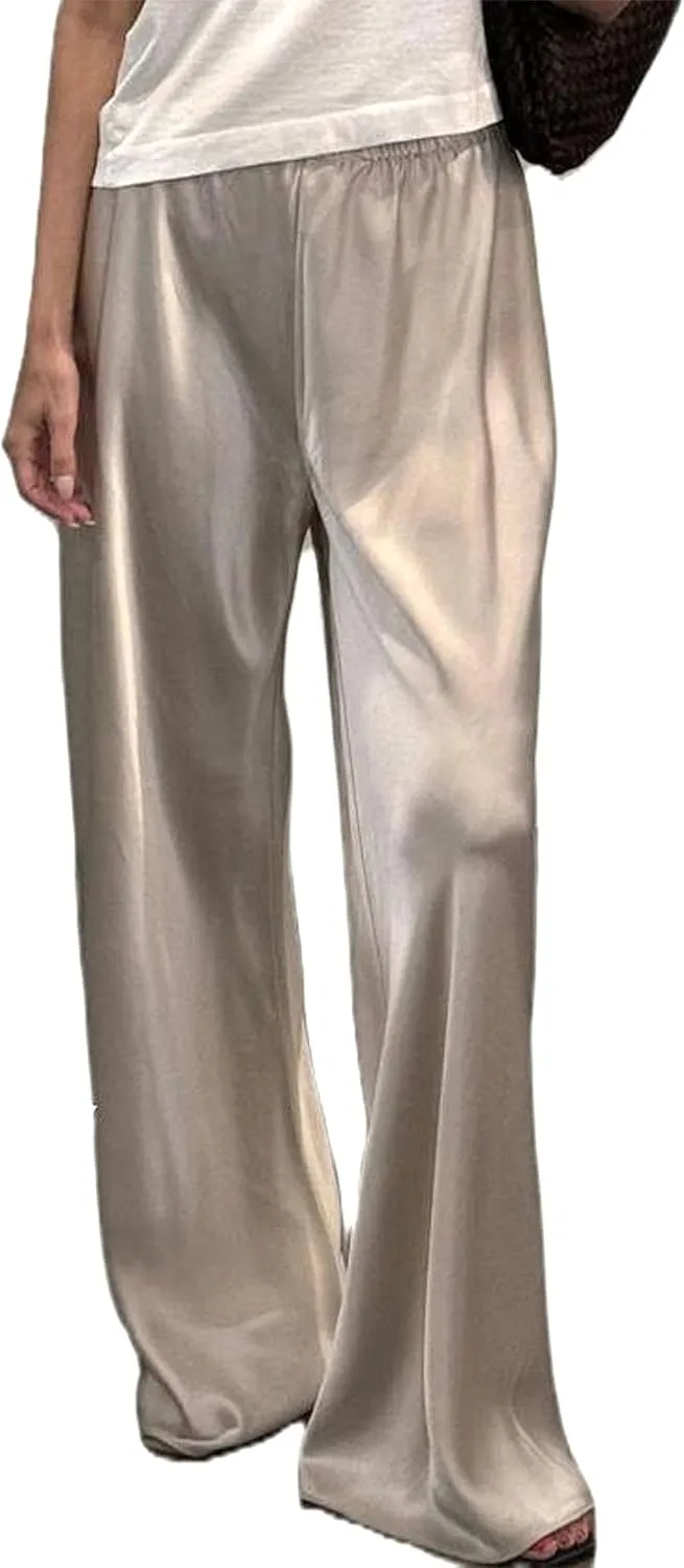UAURORAO Satin Pants for Women Dressy Silk Wide Leg Lounge Pants Elastic Drawstring Casual Long Flowy Trousers
