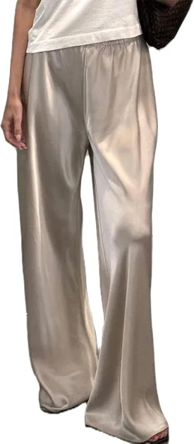 UAURORAO Satin Pants for Women Dressy Silk Wide Leg Lounge Pants Elastic Drawstring Casual Long Flowy Trousers