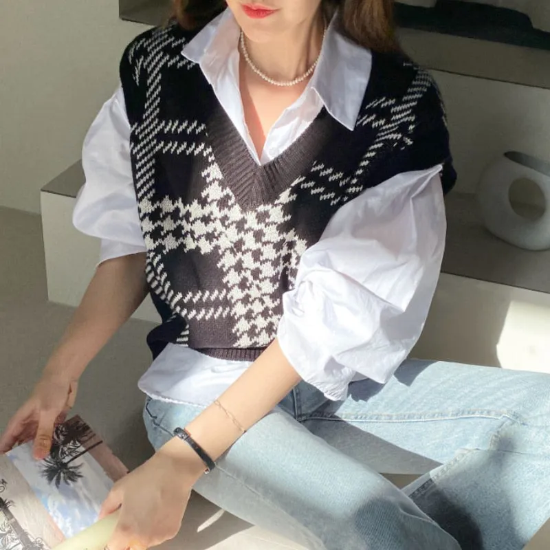 V Neck Loose Hounds Vest Sleeveless Women Casual Autumn Winter Knit Sweater Oversized Fashion Pullover Khaki