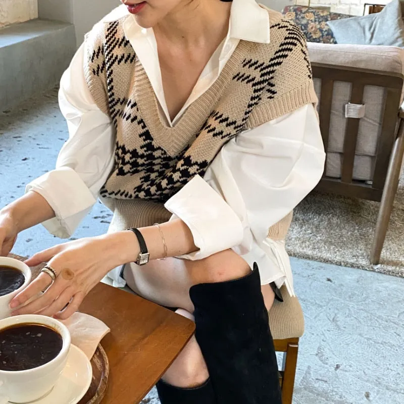 V Neck Loose Hounds Vest Sleeveless Women Casual Autumn Winter Knit Sweater Oversized Fashion Pullover Khaki