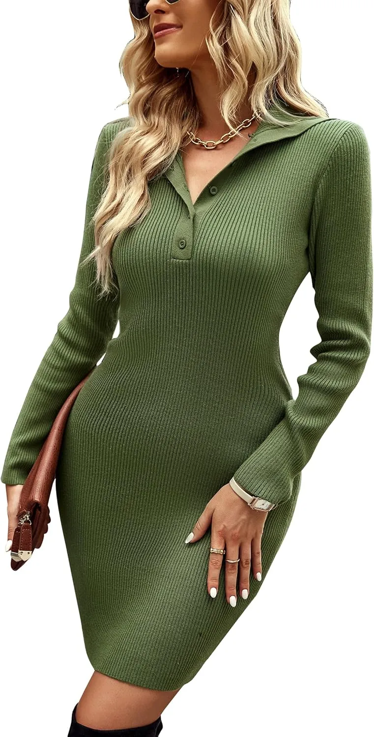 VintageClothing 2023 Women V Neck Long Sleeve Bodycon Sweater Dress Button Up Ribbed Knit Short Dresses
