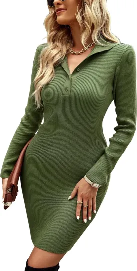 VintageClothing 2023 Women V Neck Long Sleeve Bodycon Sweater Dress Button Up Ribbed Knit Short Dresses