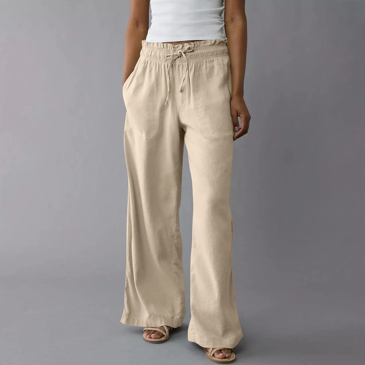 Wide Leg Linen Pants for Women 2025 Casual Loose High Waisted Pants with Pockets Flowy Comfy Beach Trousers Work Outfits