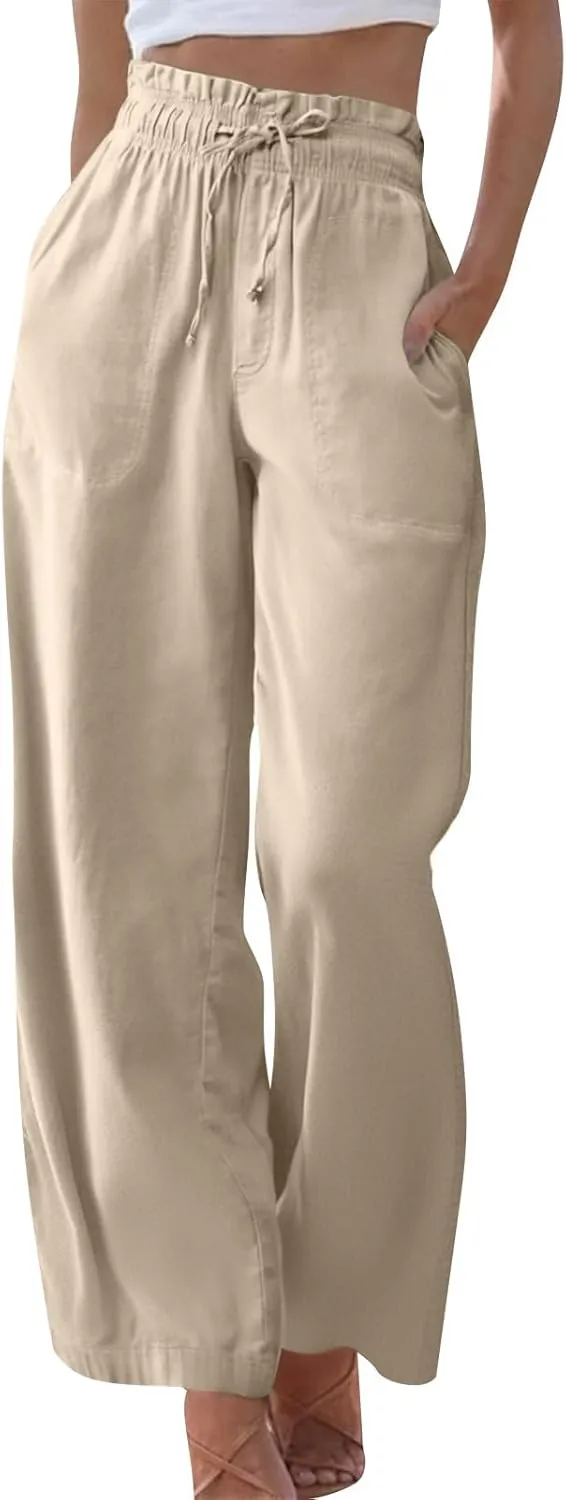 Wide Leg Linen Pants for Women 2025 Casual Loose High Waisted Pants with Pockets Flowy Comfy Beach Trousers Work Outfits