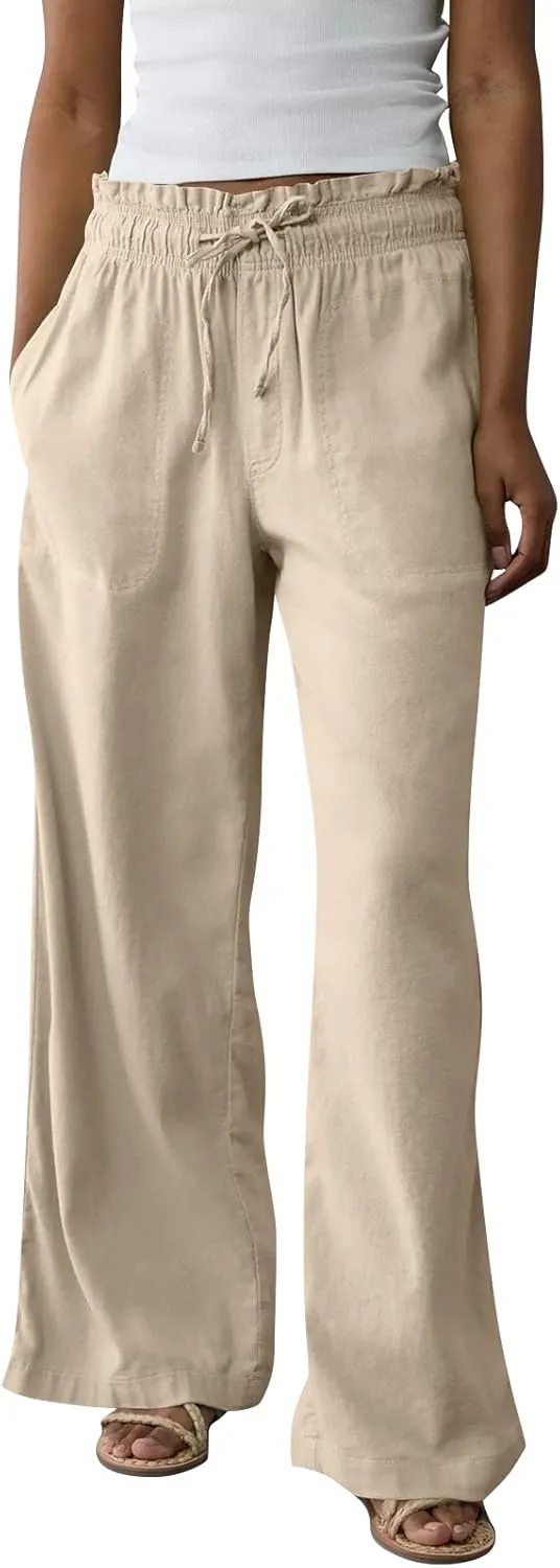 Wide Leg Linen Pants for Women 2025 Casual Loose High Waisted Pants with Pockets Flowy Comfy Beach Trousers Work Outfits