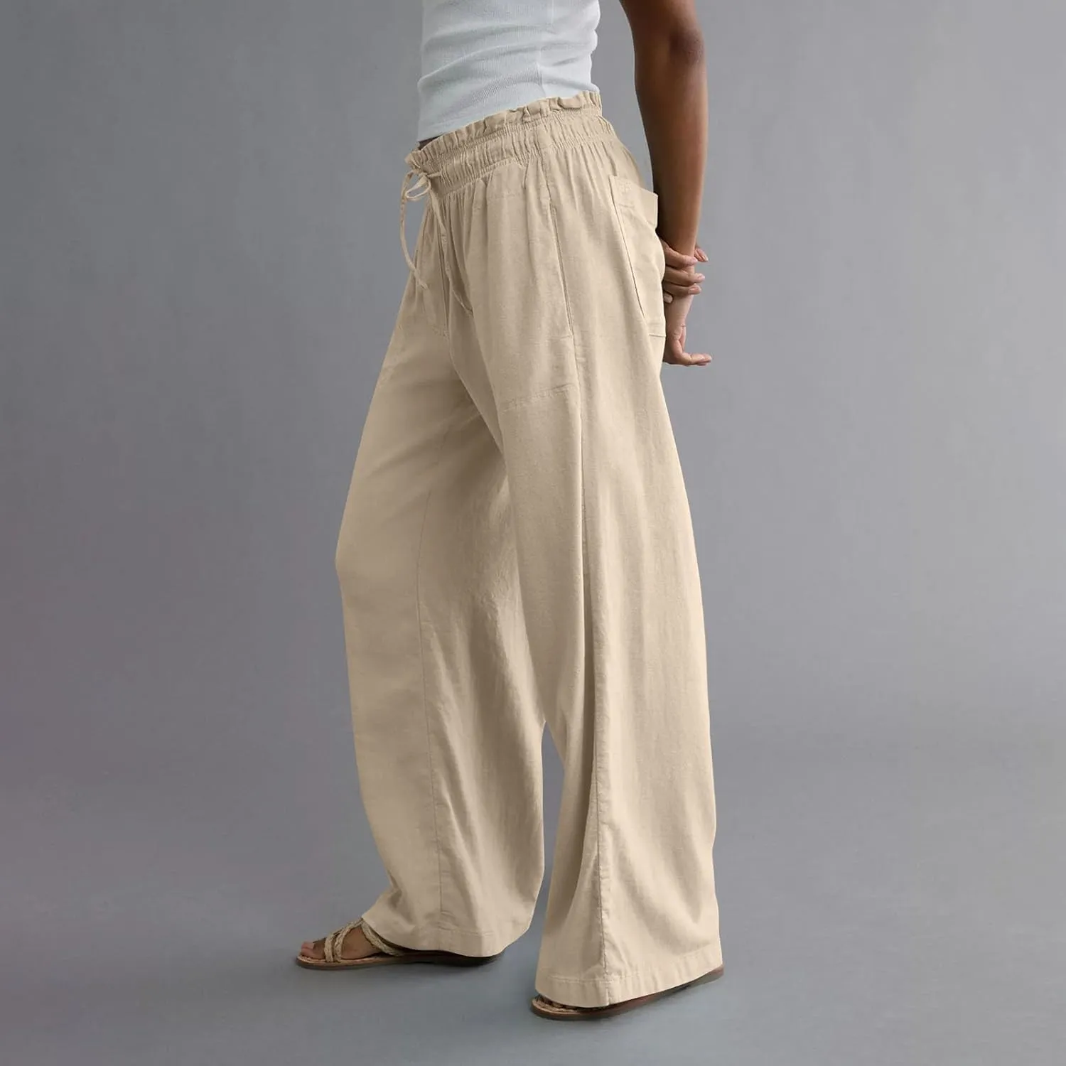 Wide Leg Linen Pants for Women 2025 Casual Loose High Waisted Pants with Pockets Flowy Comfy Beach Trousers Work Outfits