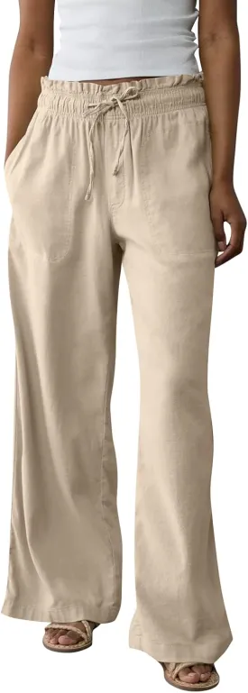 Wide Leg Linen Pants for Women 2025 Casual Loose High Waisted Pants with Pockets Flowy Comfy Beach Trousers Work Outfits