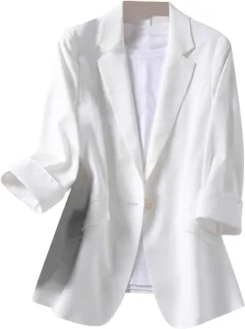 Women's Casual Linen Blazer Lapel One Button Blazer Jackets Lightweight 3/4 Sleeve Suit Blazers Spring Summer Fall