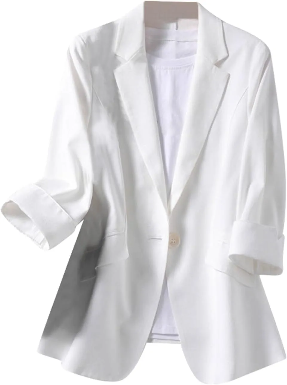 Women's Casual Linen Blazer Lapel One Button Blazer Jackets Lightweight 3/4 Sleeve Suit Blazers Spring Summer Fall