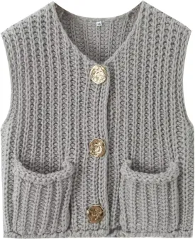 Women's Chunky Knit Vest Button Down Casual Sleeveless Cropped Crochet Sweater Cardigan with Pockets