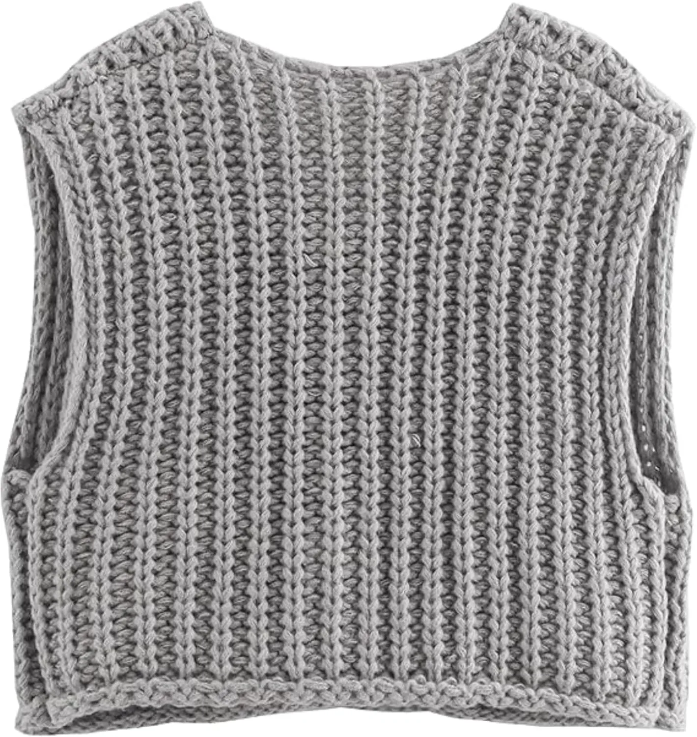 Women's Chunky Knit Vest Button Down Casual Sleeveless Cropped Crochet Sweater Cardigan with Pockets