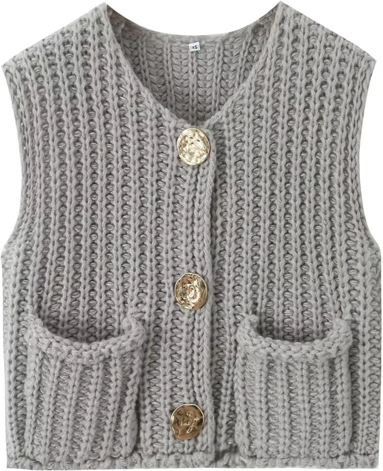 Women's Chunky Knit Vest Button Down Casual Sleeveless Cropped Crochet Sweater Cardigan with Pockets