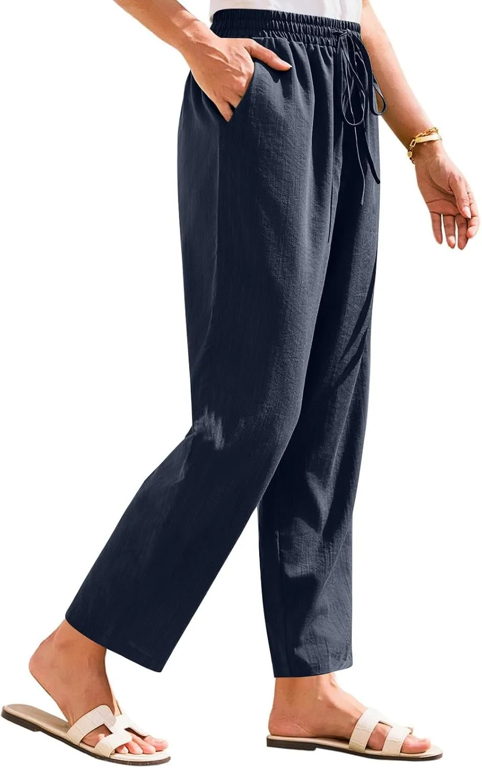 Womens Cotton Linen Elastic Drawstring Straight Leg Pants 2025 Summer Casual Trousers with Pockets Plain Beach Lounge Clothes