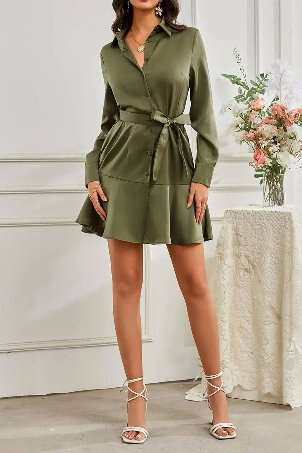 Women's Long Sleeve Button Down Shirt Dress Casual Tie Waist Midi Dresses