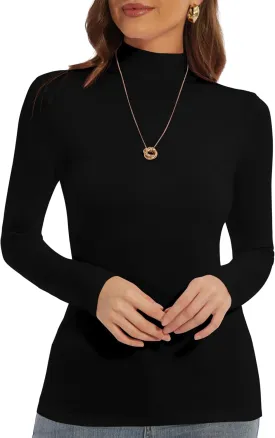 Womens Long Sleeve Mock Turtleneck Lightweight Shirts Slim Fitted Base Layer Tee Tops High Neck Undershirt